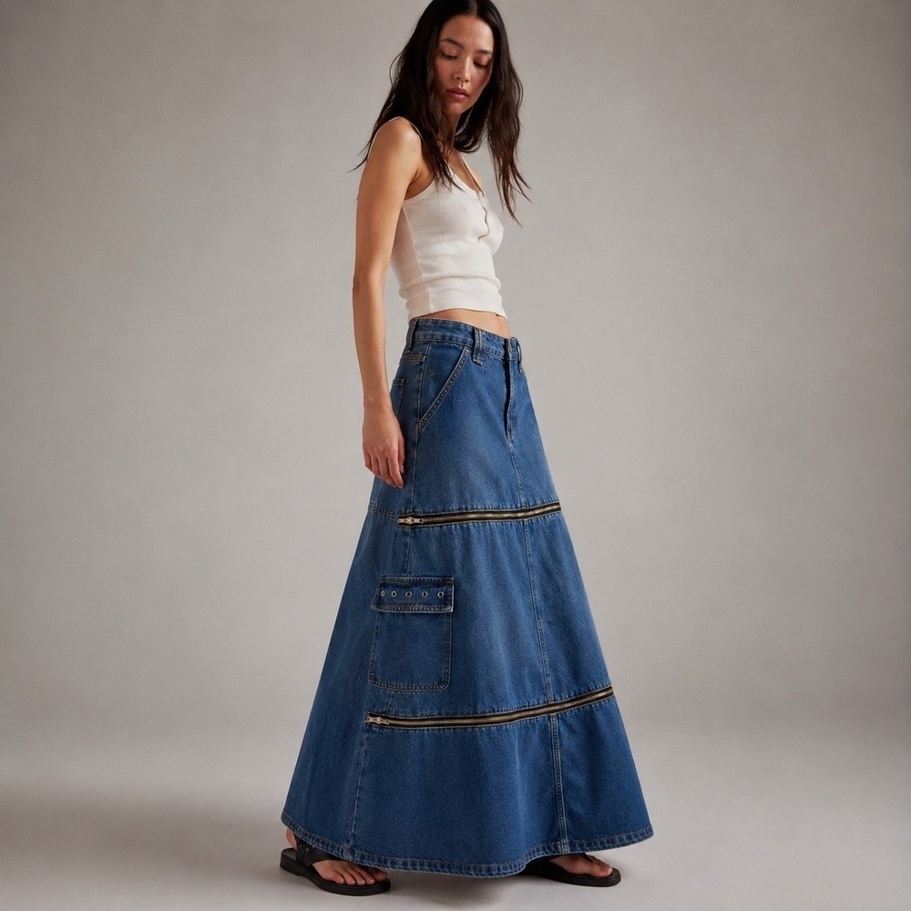 Denimβ Zipper Cargo Maxi Skirt Womens Size SM Blue Grunge Y2K Retro Streetwear